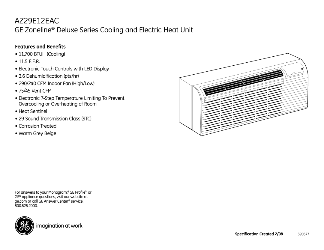 GE AZ29E12EAC dimensions Features and Benefits 