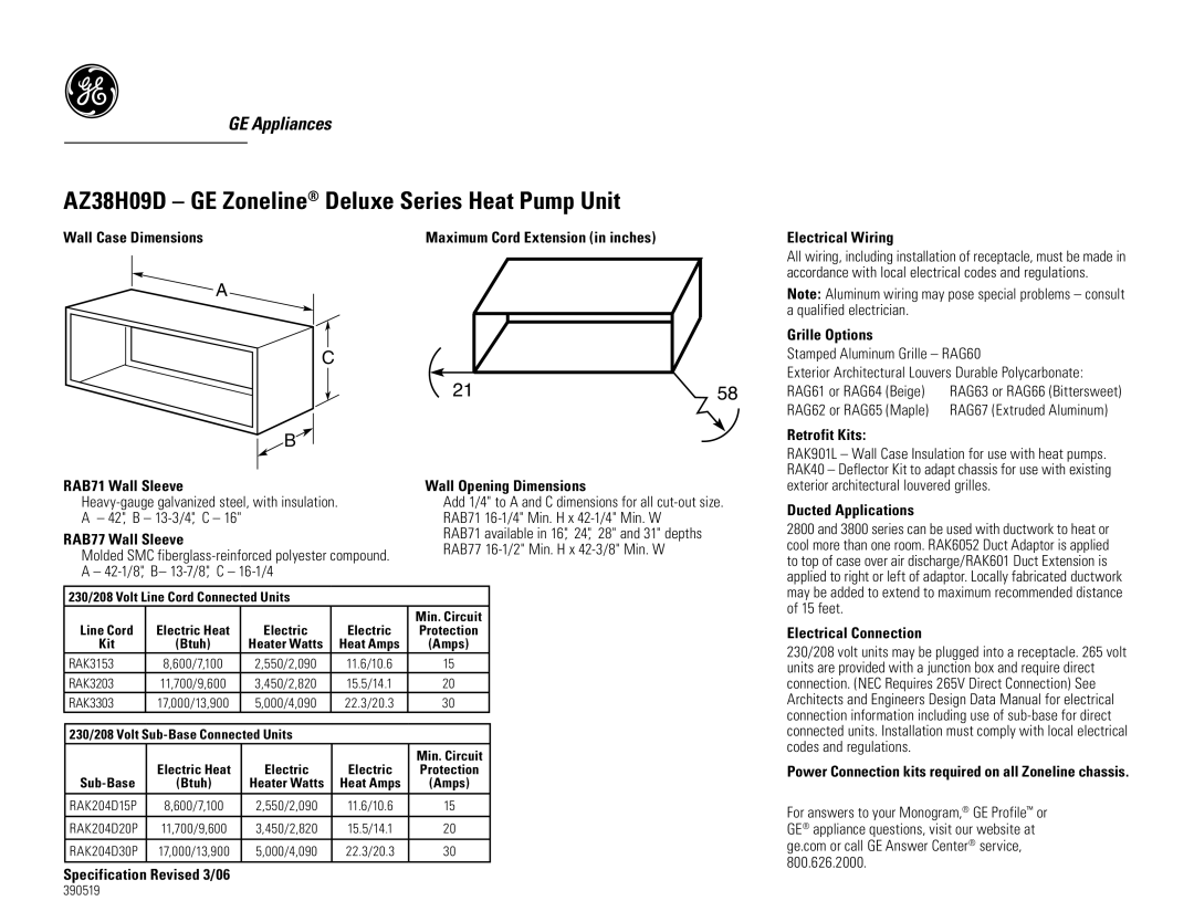 GE AZ38H09DAC dimensions Wall Case Dimensions Maximum Cord Extension in inches, Grille Options, Retrofit Kits 