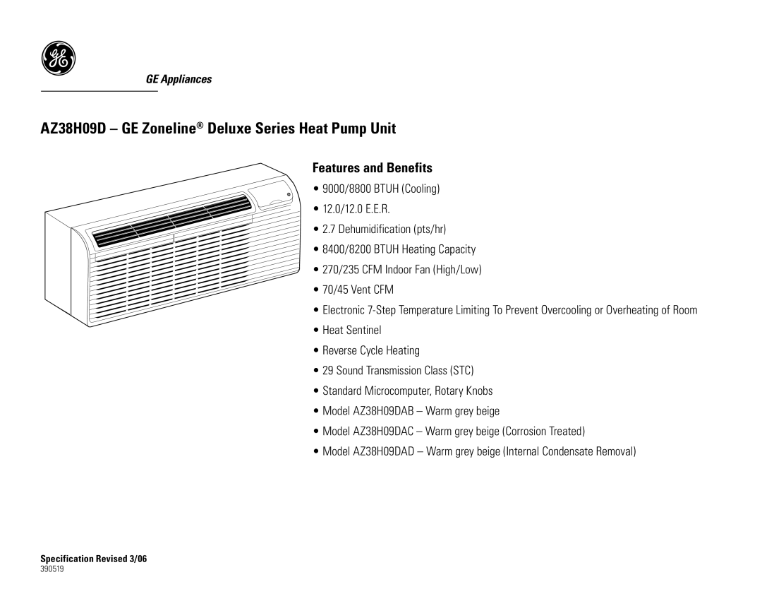 GE AZ38H09DAD, AZ38H09DAC, AZ38H09DAB dimensions Features and Benefits, Specification Revised 3/06 