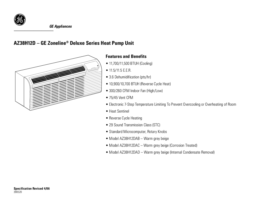 GE AZ38H12DAC, AZ38H12DAD, AZ38H12DAB dimensions Features and Benefits 