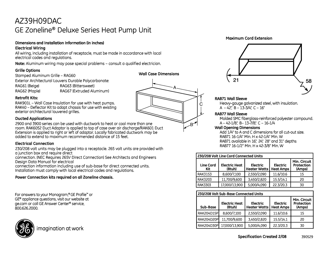 GE AZ39H09DAC dimensions GE Zoneline Deluxe Series Heat Pump Unit 