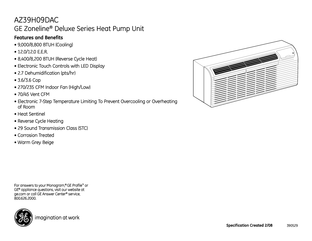 GE AZ39H09DAC dimensions GE Zoneline Deluxe Series Heat Pump Unit, Features and Benefits 