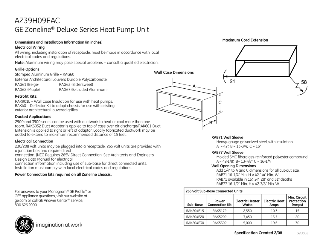 GE AZ39H09EAC dimensions GE Zoneline Deluxe Series Heat Pump Unit 