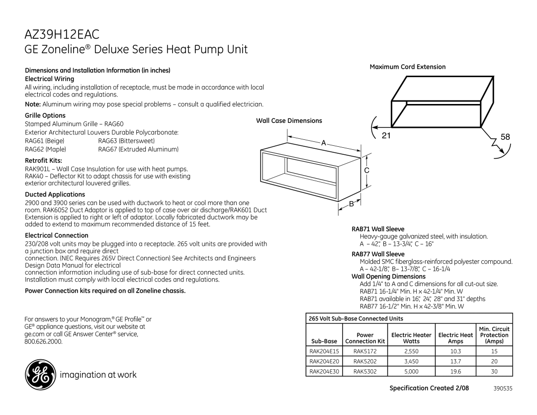 GE AZ39H12EAC dimensions GE Zoneline Deluxe Series Heat Pump Unit 