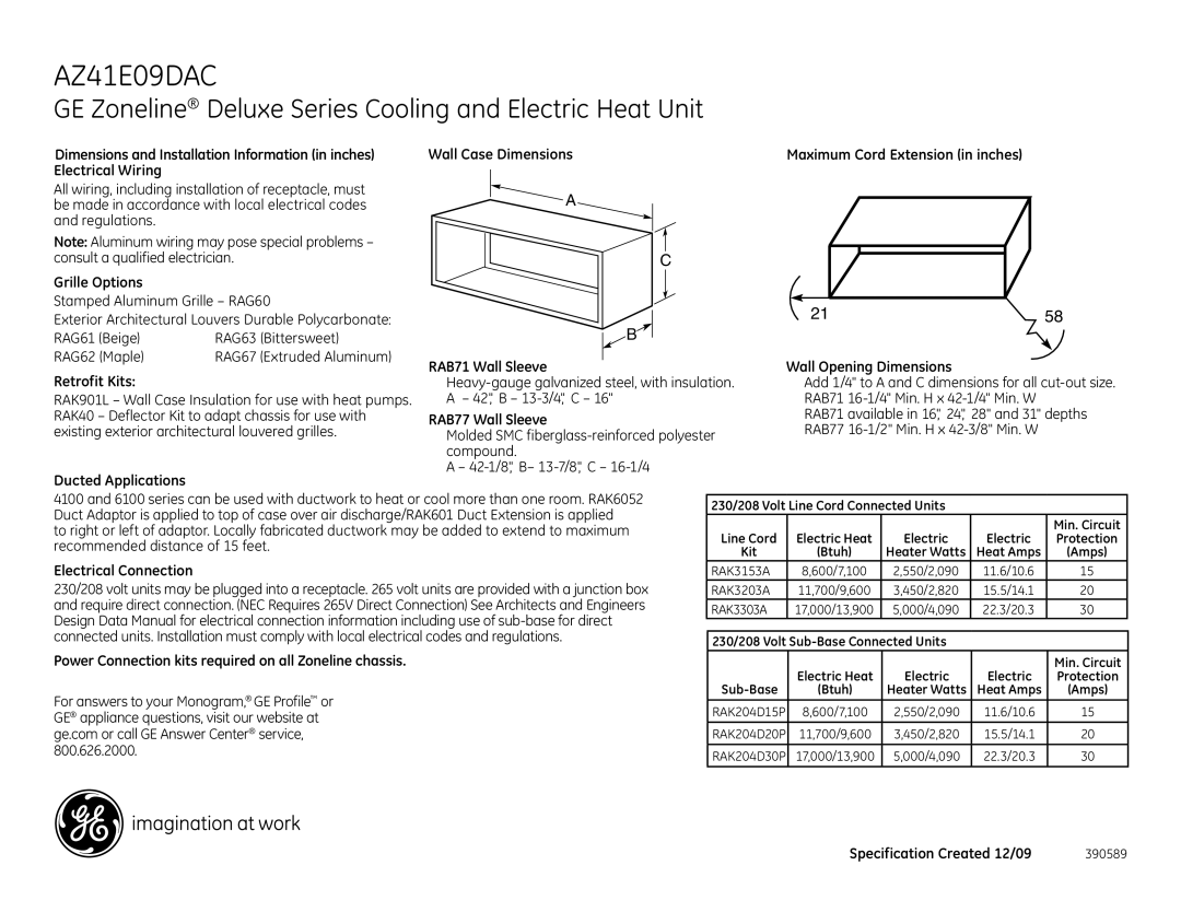 GE AZ41E09DAC dimensions Grille Options, Retrofit Kits, Ducted Applications Wall Case Dimensions RAB71 Wall Sleeve 