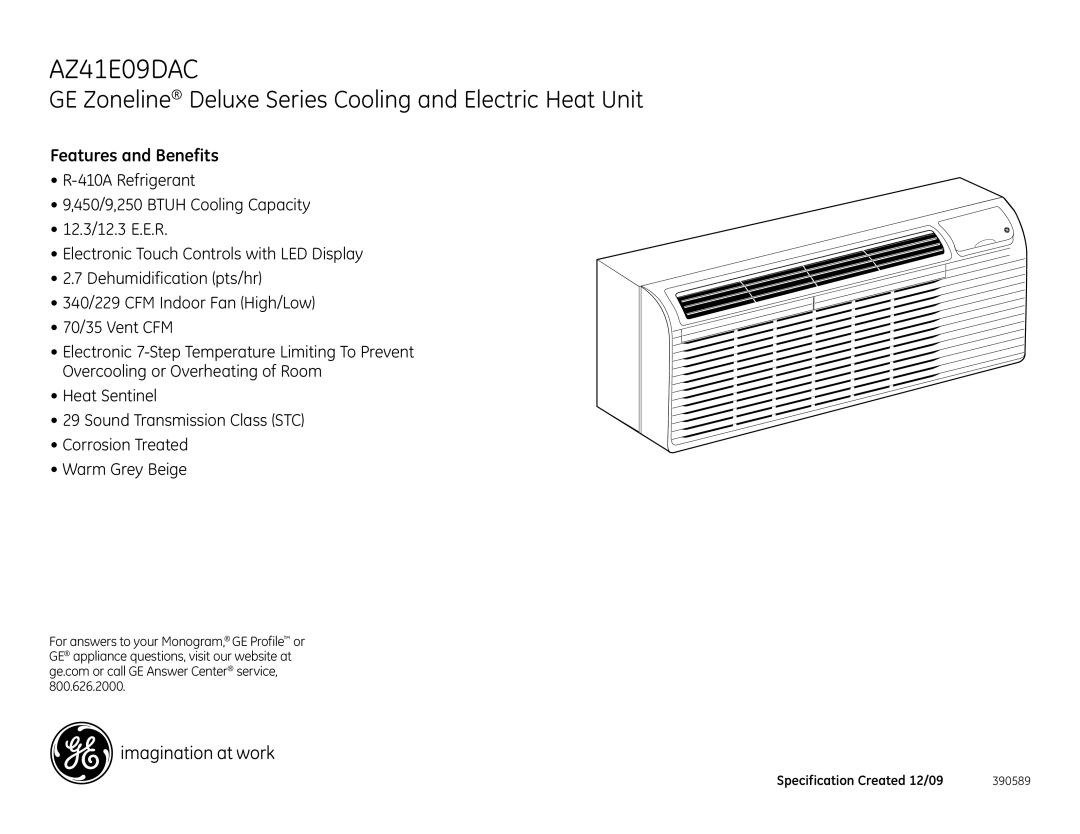 GE AZ41E09DAC dimensions Features and Benefits 