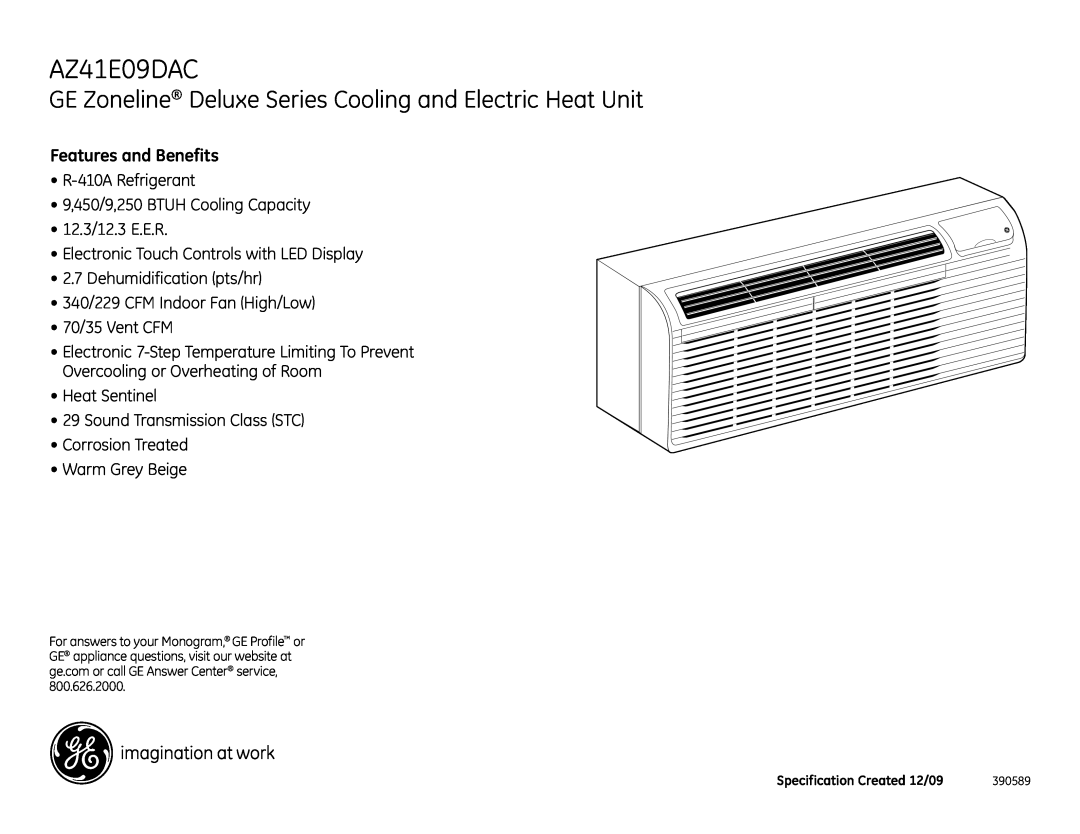 GE AZ41E09DAC dimensions Features and Benefits 