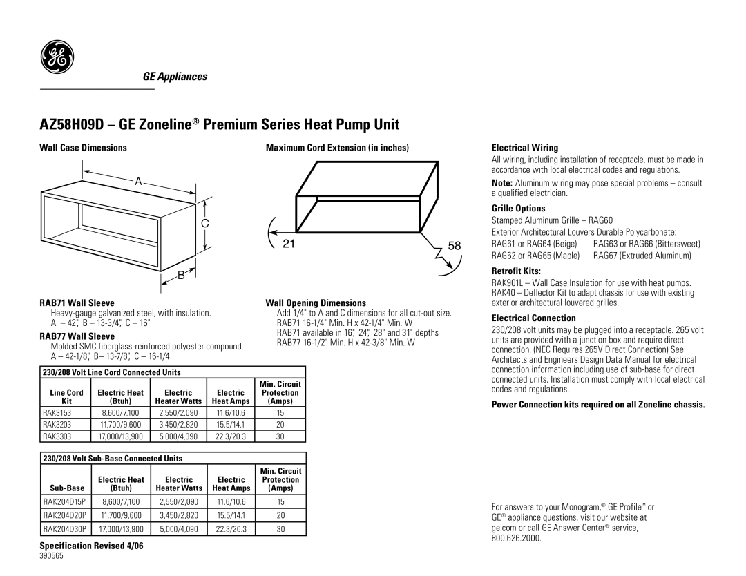 GE AZ58H09DAC dimensions Wall Case Dimensions, Electrical Wiring, Grille Options, Retrofit Kits, RAB71 Wall Sleeve 