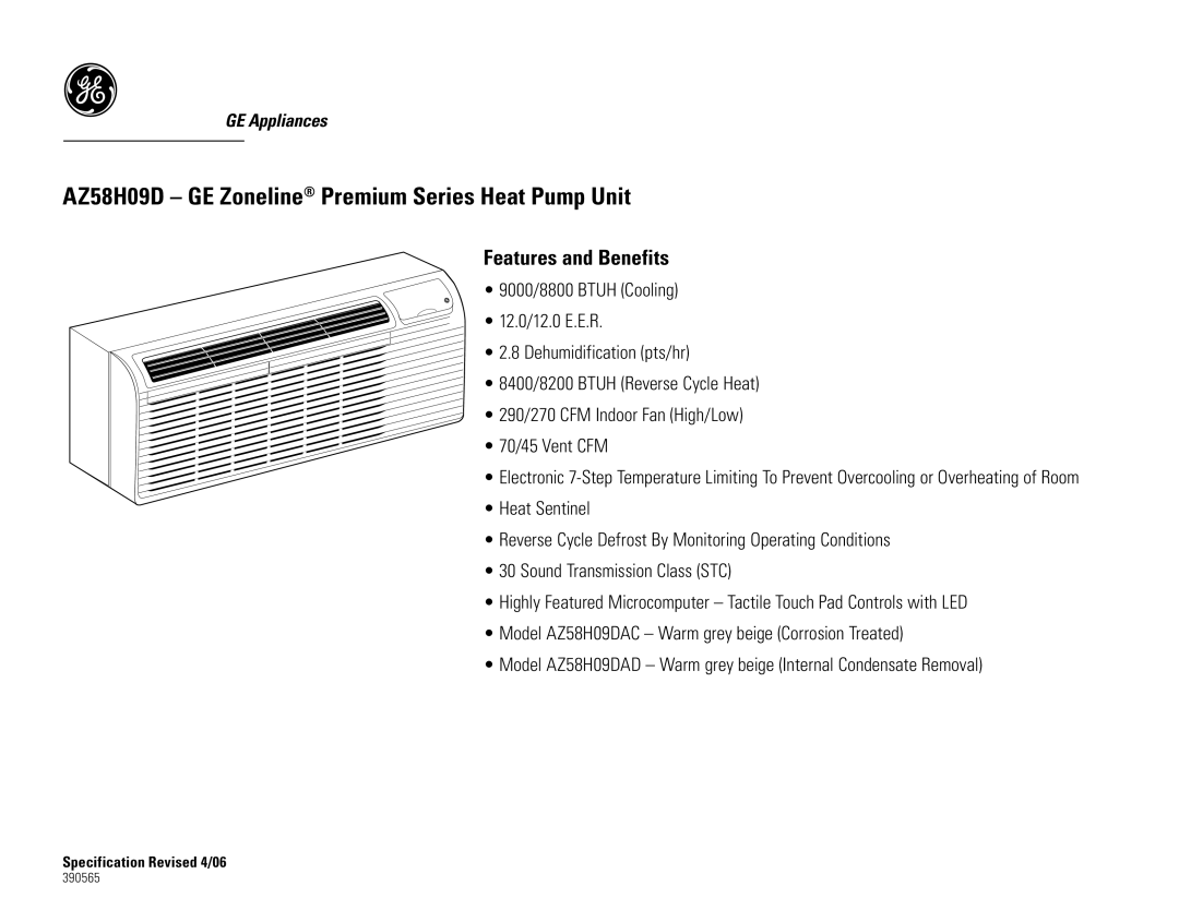 GE AZ58H09DAD, AZ58H09DAC dimensions Features and Benefits 