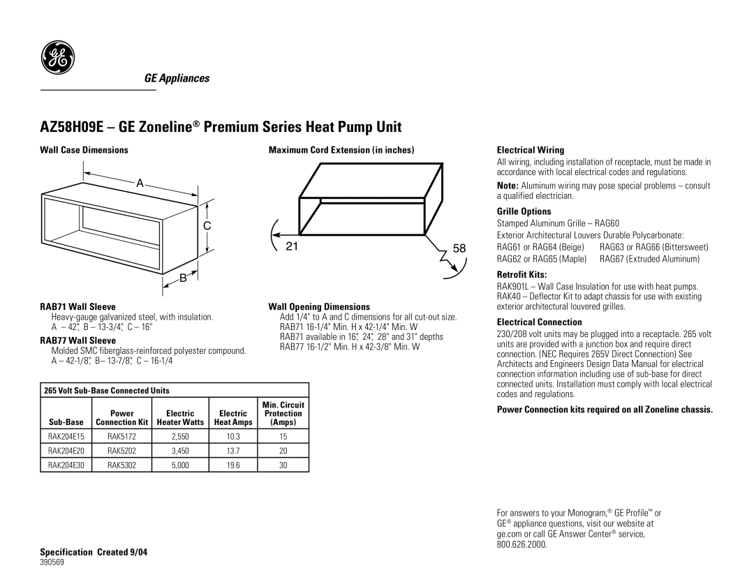 GE AZ58H09EAD, AZ58H09EAC dimensions AZ58H09E GE Zoneline Premium Series Heat Pump Unit 