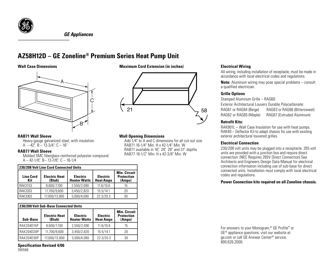 GE AZ58H12DAC dimensions Wall Case Dimensions, Electrical Wiring, Grille Options, Retrofit Kits, RAB71 Wall Sleeve 