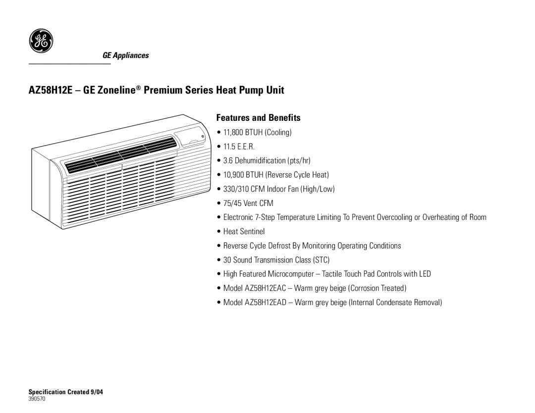 GE AZ58H12EAD, AZ58H12EAC dimensions Features and Benefits 