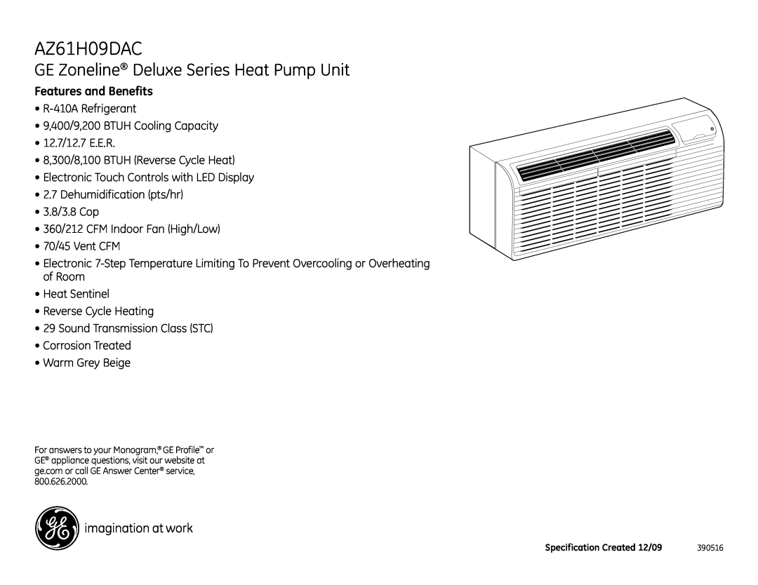 GE AZ61H09DAC dimensions GE Zoneline Deluxe Series Heat Pump Unit, Features and Benefits 