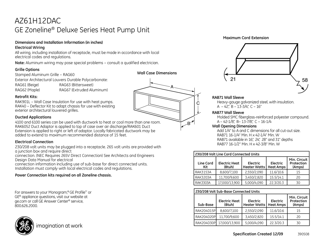 GE AZ61H12DAC dimensions Grille Options, Retrofit Kits, Ducted Applications, Electrical Connection, RAB77 Wall Sleeve 