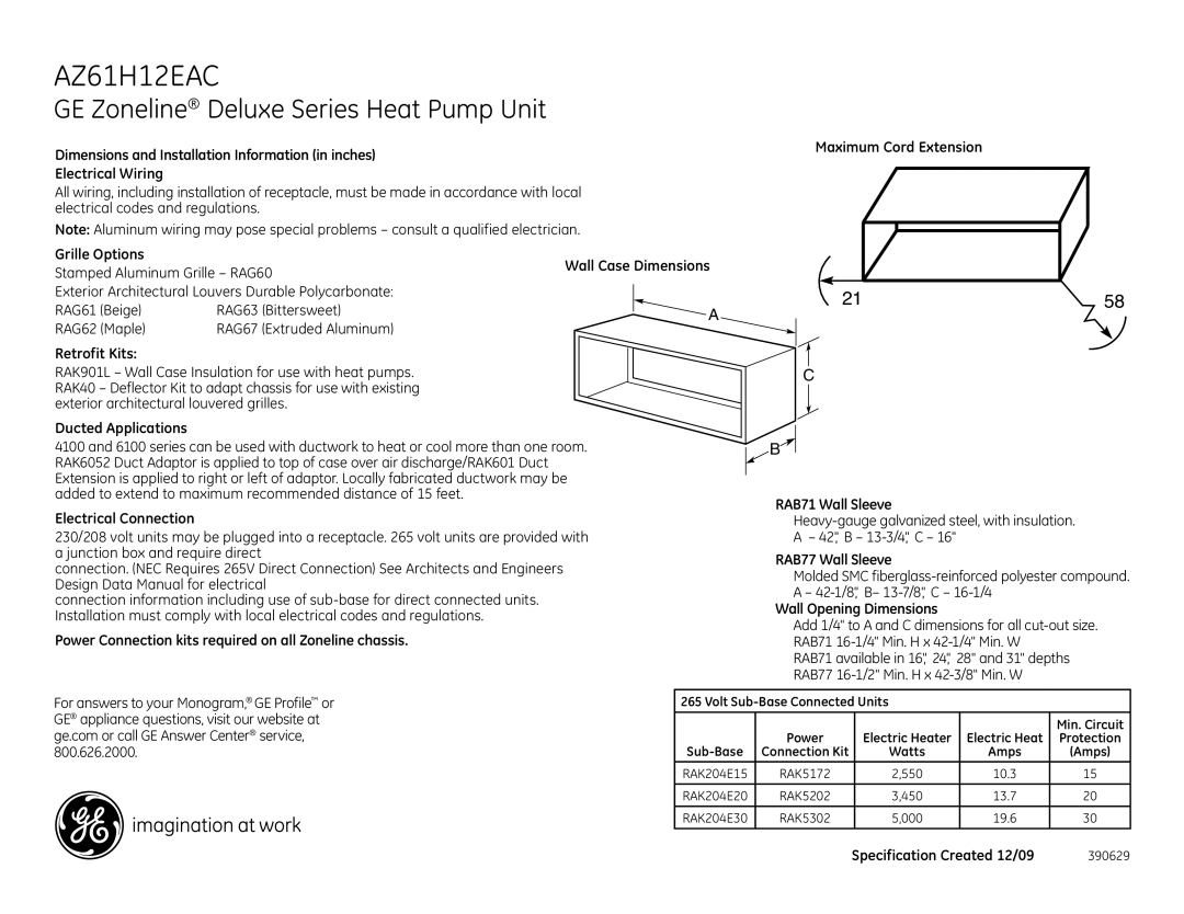 GE AZ61H12EAC dimensions GE Zoneline Deluxe Series Heat Pump Unit 