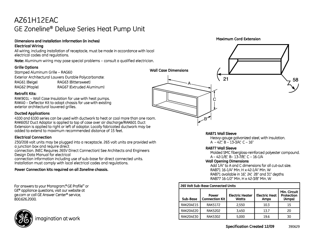 GE AZ61H12EAC dimensions GE Zoneline Deluxe Series Heat Pump Unit 