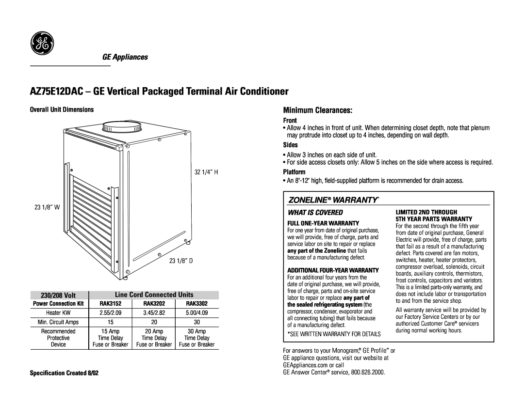 GE AZ75E12DAC warranty GE Appliances, Minimum Clearances, Zoneline Warranty, 230/208 Volt, Line Cord Connected Units 