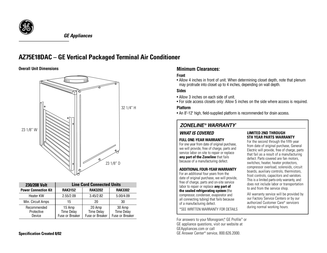 GE AZ75E18DAC warranty Overall Unit Dimensions, Specification Created 8/02, Front, Sides, Platform 