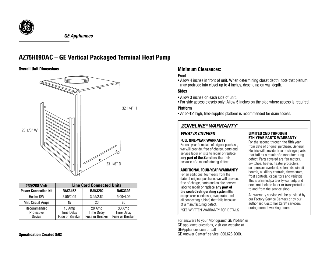 GE AZ75H09DAC warranty Overall Unit Dimensions, Specification Created 8/02, Front, Sides, Platform 