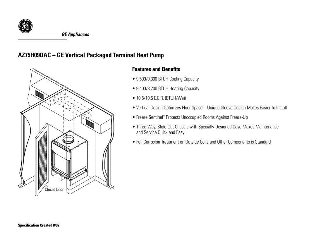 GE warranty AZ75H09DAC GE Vertical Packaged Terminal Heat Pump 