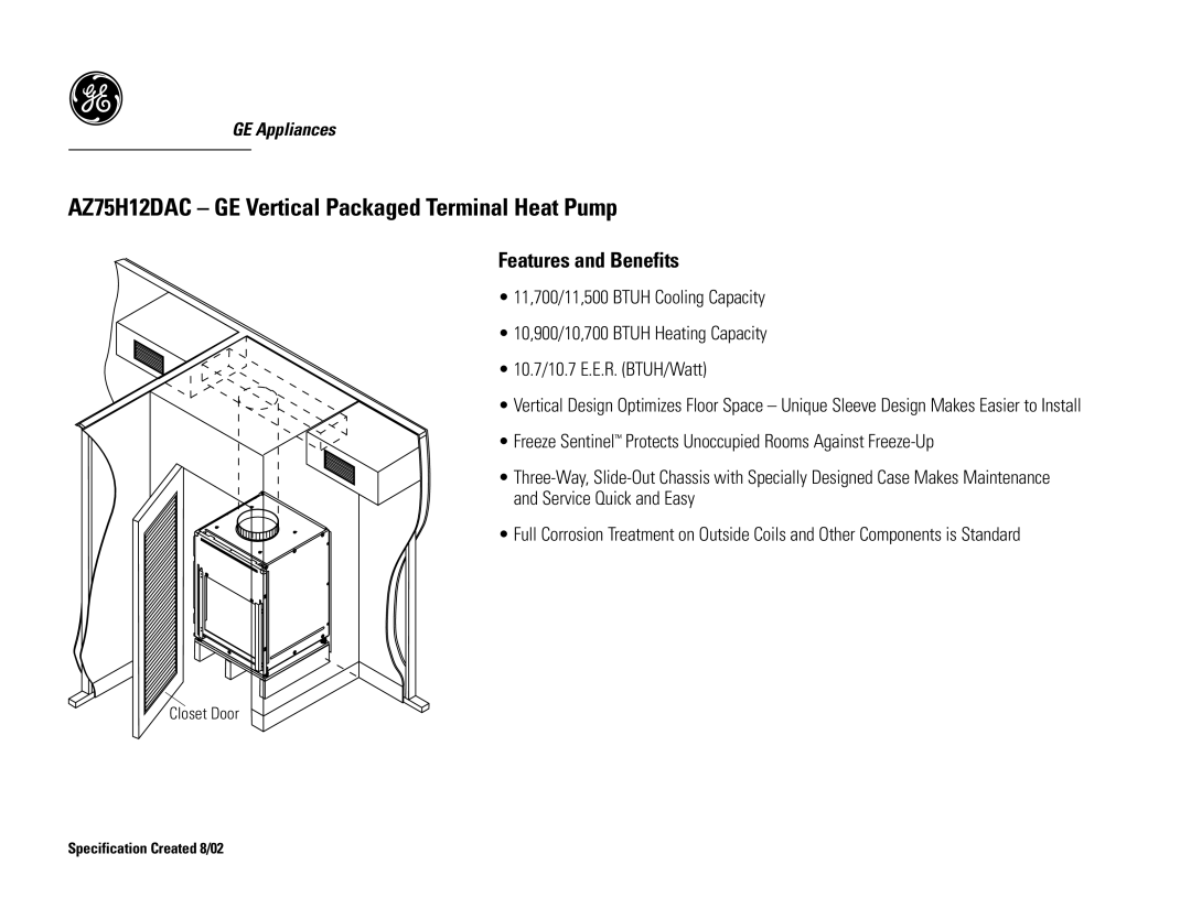 GE warranty AZ75H12DAC GE Vertical Packaged Terminal Heat Pump 