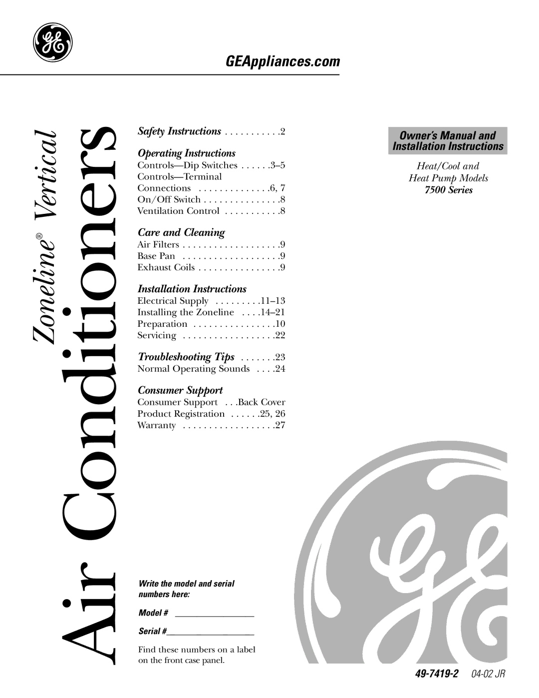 GE 49-7419-2, AZ75H18EAC installation instructions Conditioners 