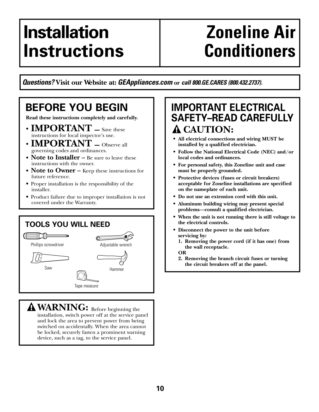 GE AZ75H18EAC, 49-7419-2 installation instructions Installation Instructions, Tools YOU will Need 