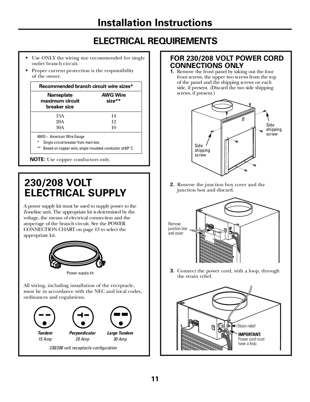 GE 49-7419-2 Electrical Requirements, For 230/208 Volt Power Cord Connections only, Recommended branch circuit wire sizes 