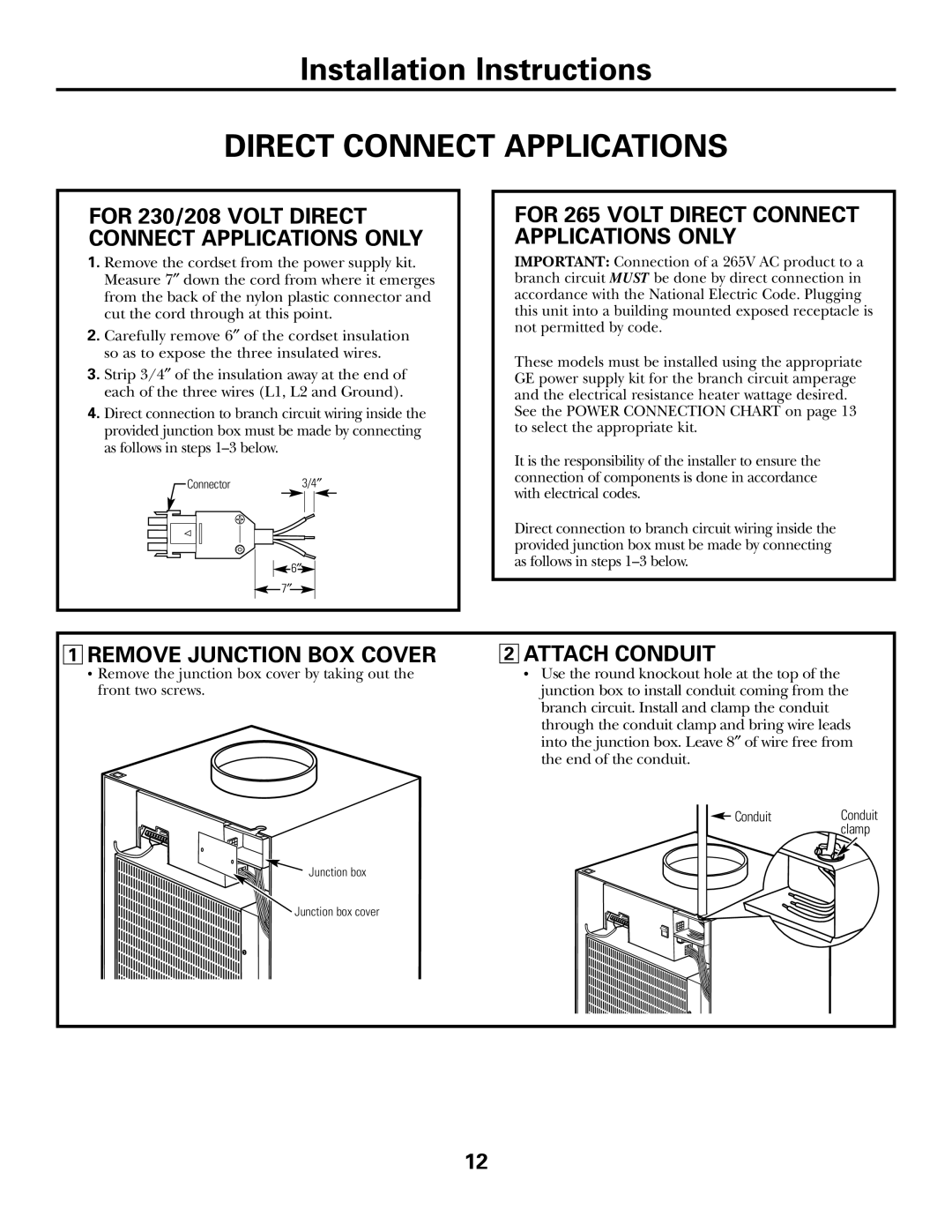 GE AZ75H18EAC, 49-7419-2 For 265 Volt Direct Connect Applications only, Remove Junction BOX Cover, Attach Conduit 