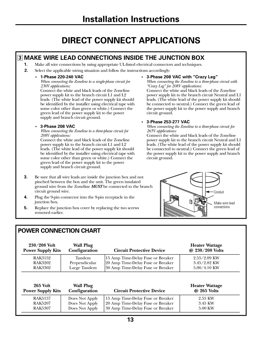 GE 49-7419-2, AZ75H18EAC Make Wire Lead Connections Inside the Junction BOX, Power Connection Chart 