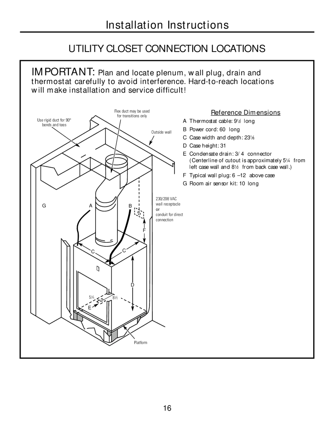 GE AZ75H18EAC, 49-7419-2 installation instructions Utility Closet Connection Locations, Reference Dimensions 