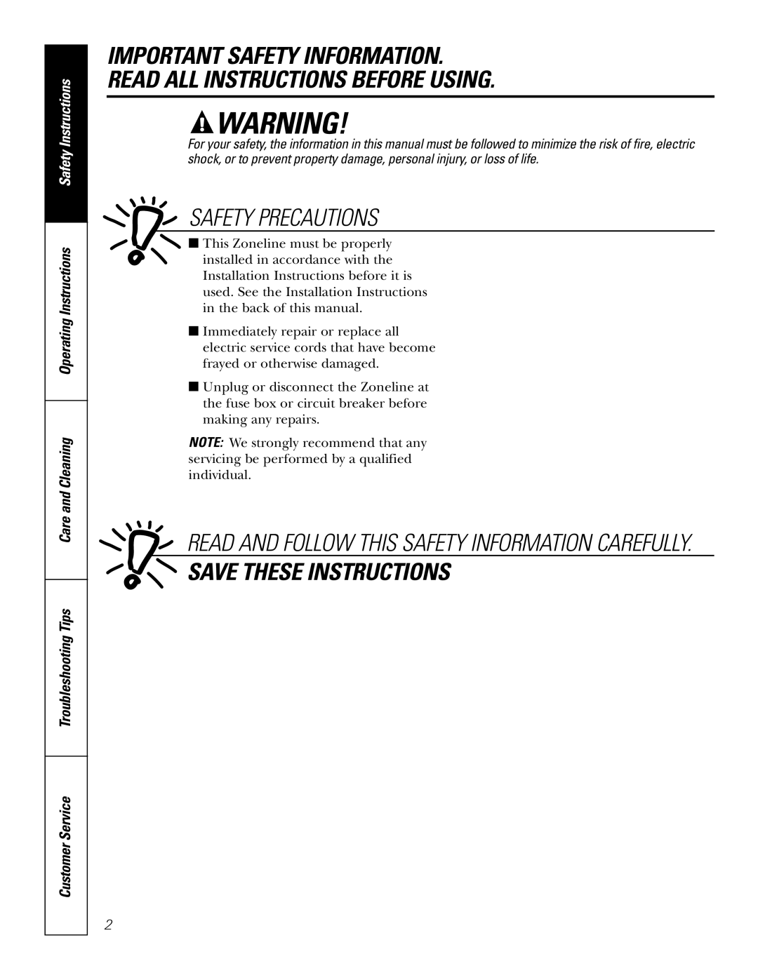 GE AZ75H18EAC, 49-7419-2 installation instructions Safety Precautions 