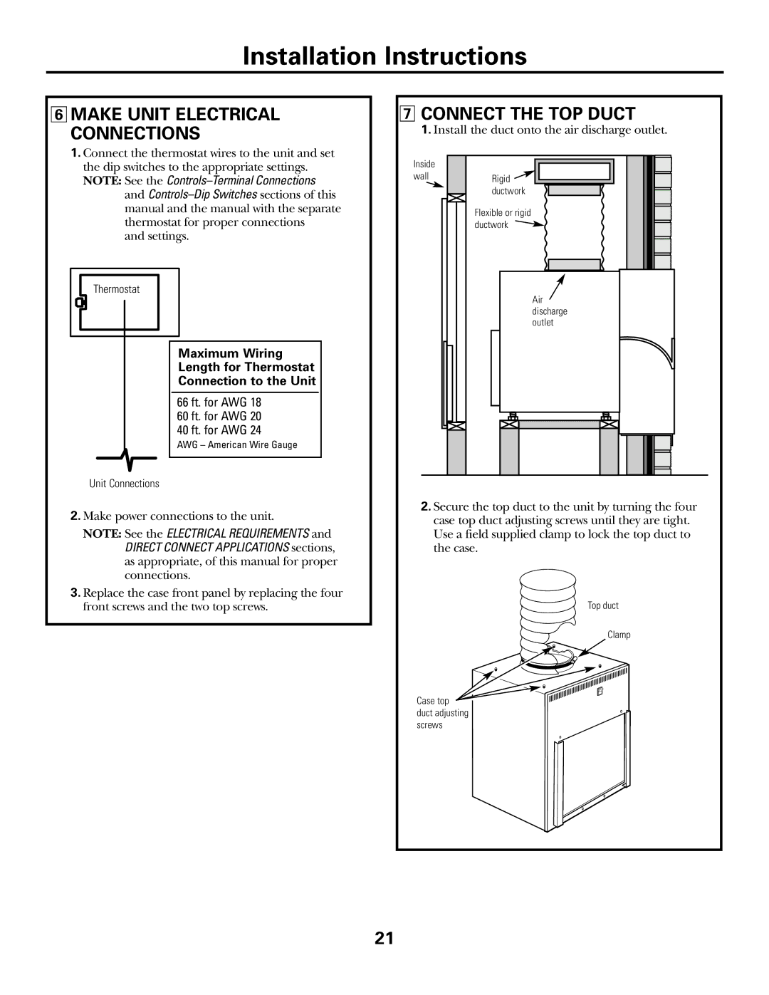 GE 49-7419-2, AZ75H18EAC Connect the TOP Duct, Maximum Wiring Length for Thermostat Connection to the Unit 