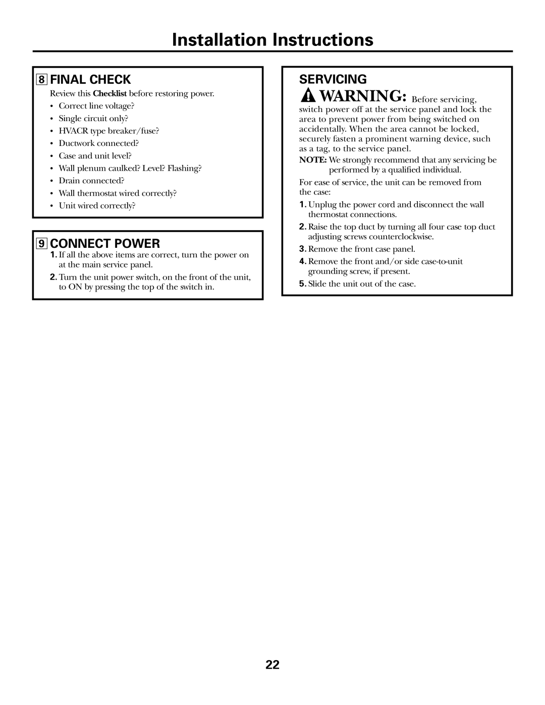 GE AZ75H18EAC, 49-7419-2 installation instructions Final Check, Connect Power, Servicing 