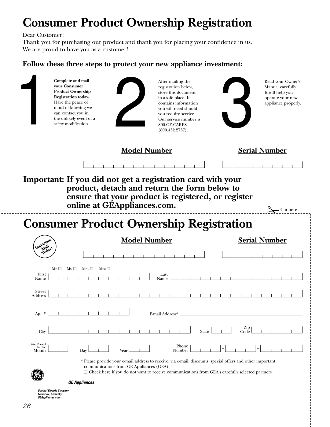 GE AZ75H18EAC, 49-7419-2 installation instructions Consumer Product Ownership Registration 