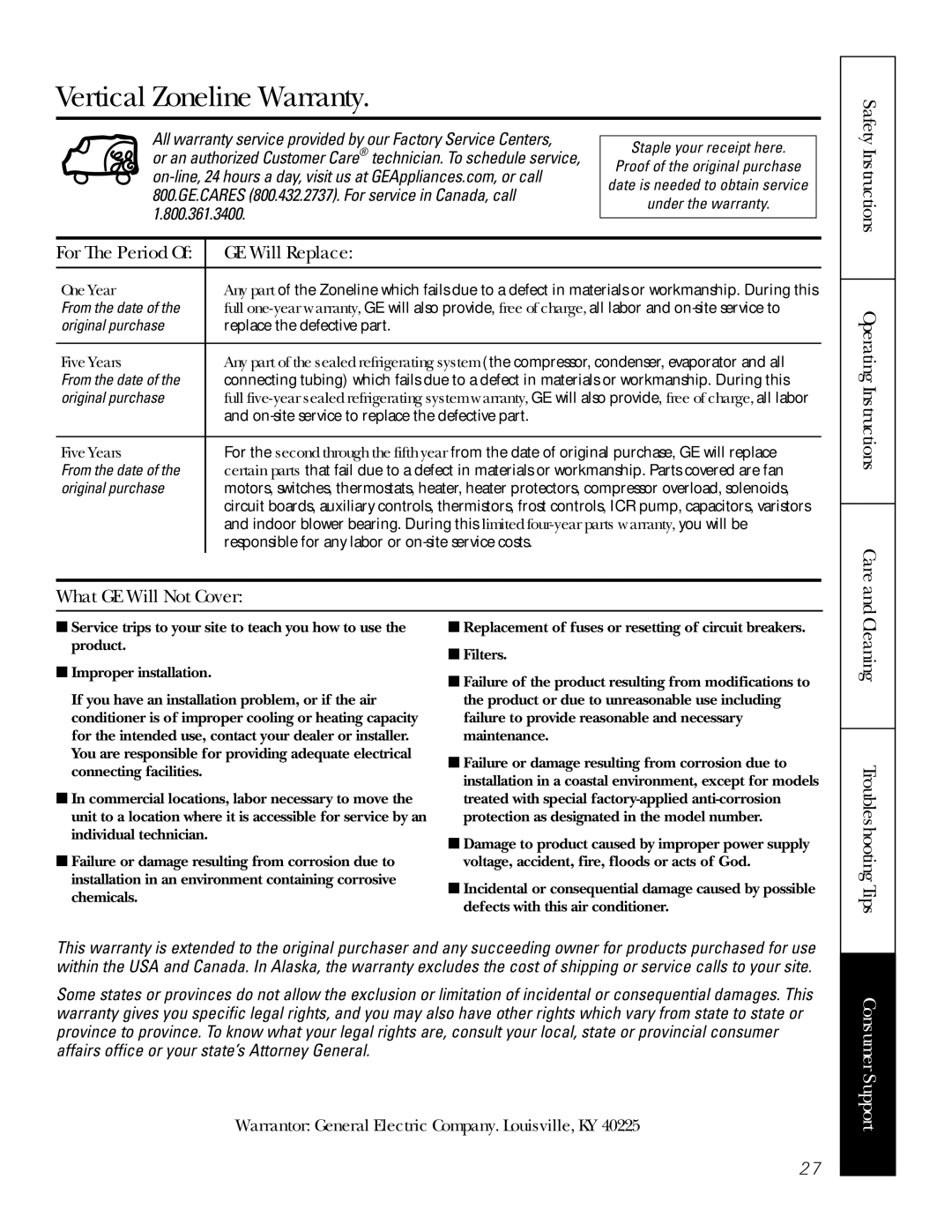 GE 49-7419-2, AZ75H18EAC Vertical Zoneline Warranty, GE Will Replace, Cleaning, From the date, Original purchase 