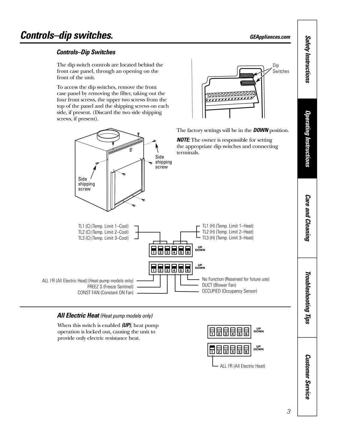 GE 49-7419-2 Controls-dip switches, Controls-Dip Switches Safety, Instructions, All Electric Heat Heat pump models only 