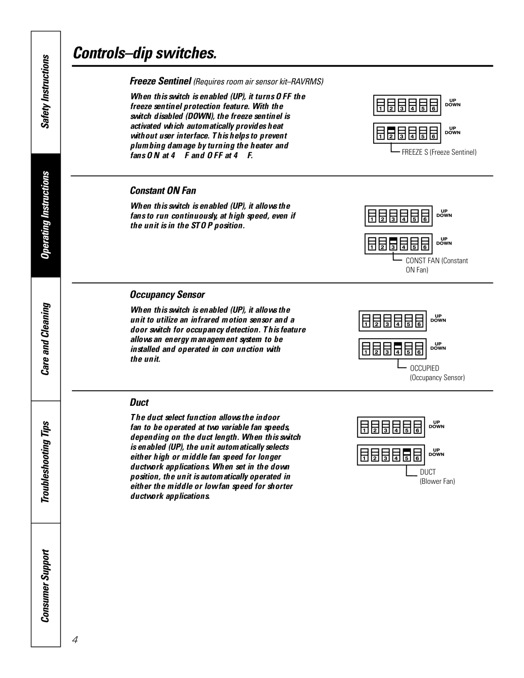 GE AZ75H18EAC Safety Instructions, Constant on Fan, Occupancy Sensor, Troubleshooting Tips Consumer Support Duct 