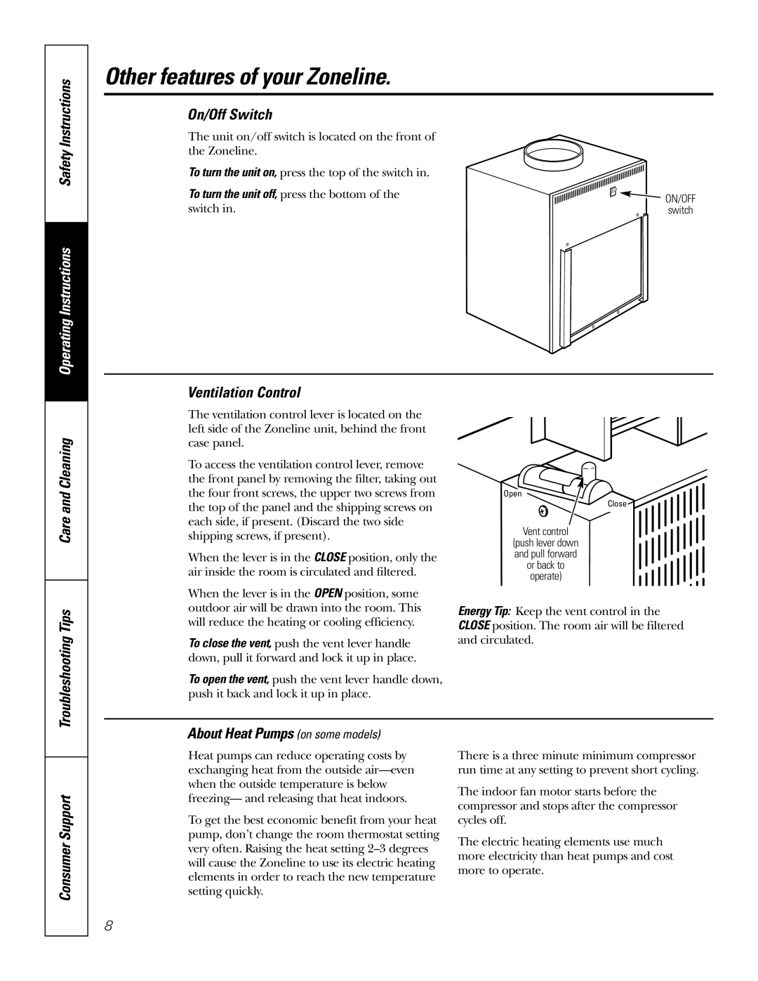 GE AZ75H18EAC Other features of your Zoneline, On/Off Switch, Care and Cleaning Troubleshooting Tips Ventilation Control 