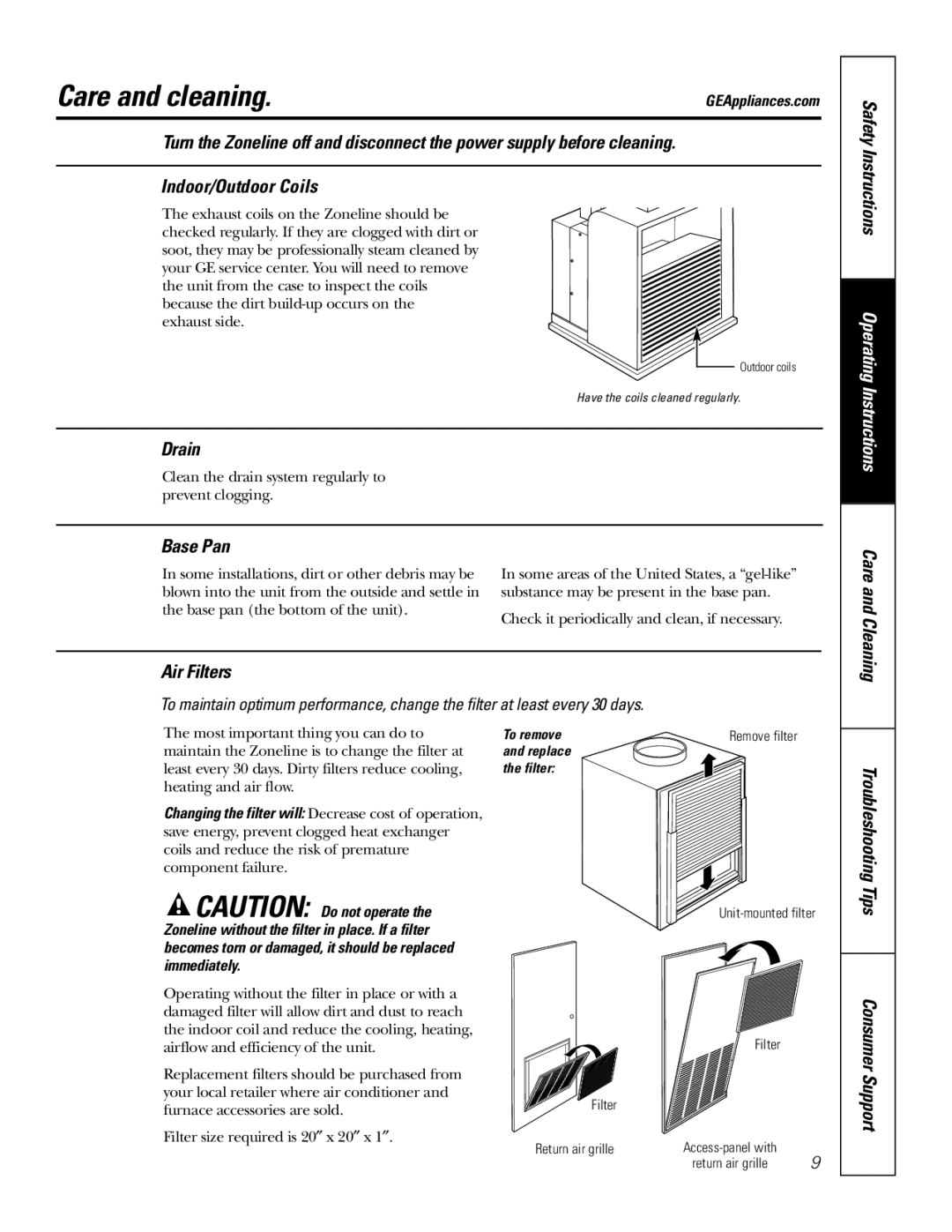 GE 49-7419-2, AZ75H18EAC installation instructions Care and cleaning, Drain, Base Pan, Air Filters 