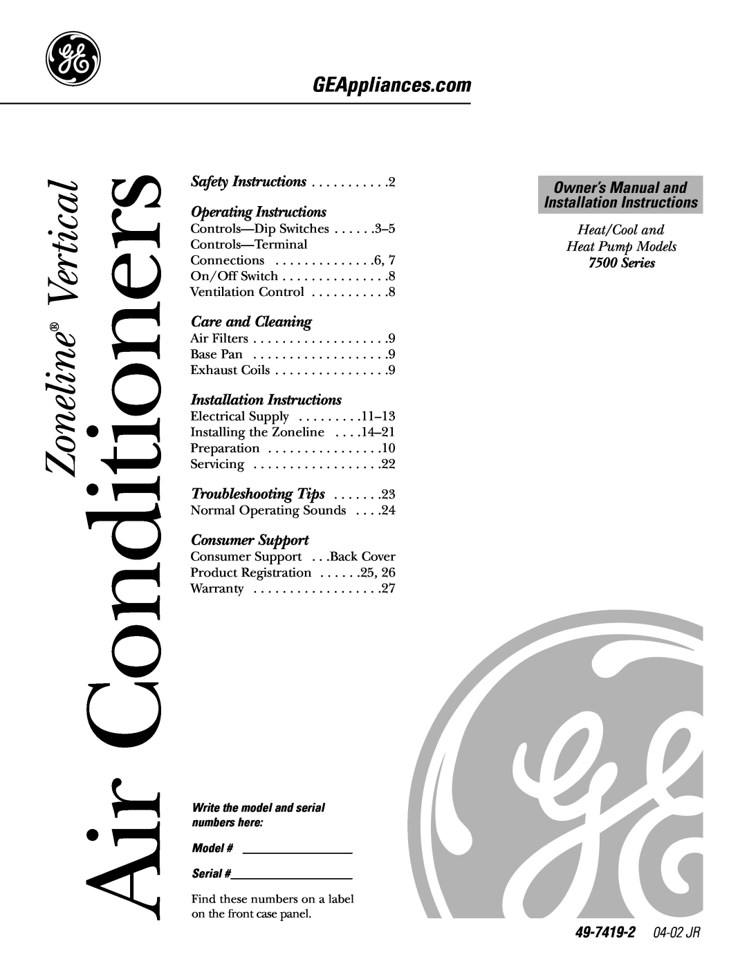 GE 49-7419-2 installation instructions Conditioners, Zoneline Vertical, Operating Instructions, Care and Cleaning, Series 