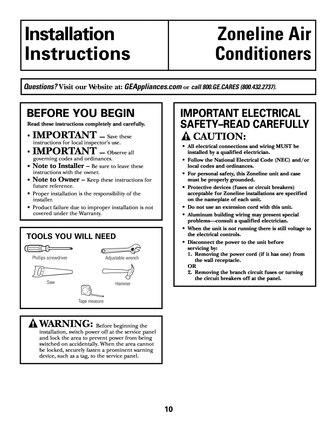 GE AZ75H18EAC, 49-7419-2 Before You Begin, Tools You Will Need, Installation Instructions, Zoneline Air Conditioners 