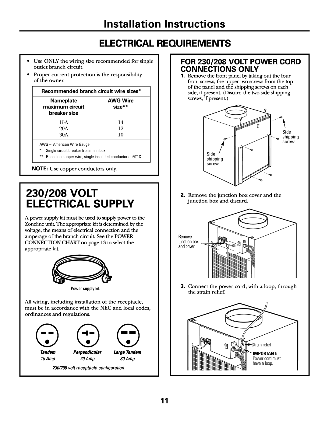 GE 49-7419-2 Installation Instructions, Electrical Requirements, FOR 230/208 VOLT POWER CORD CONNECTIONS ONLY, size 