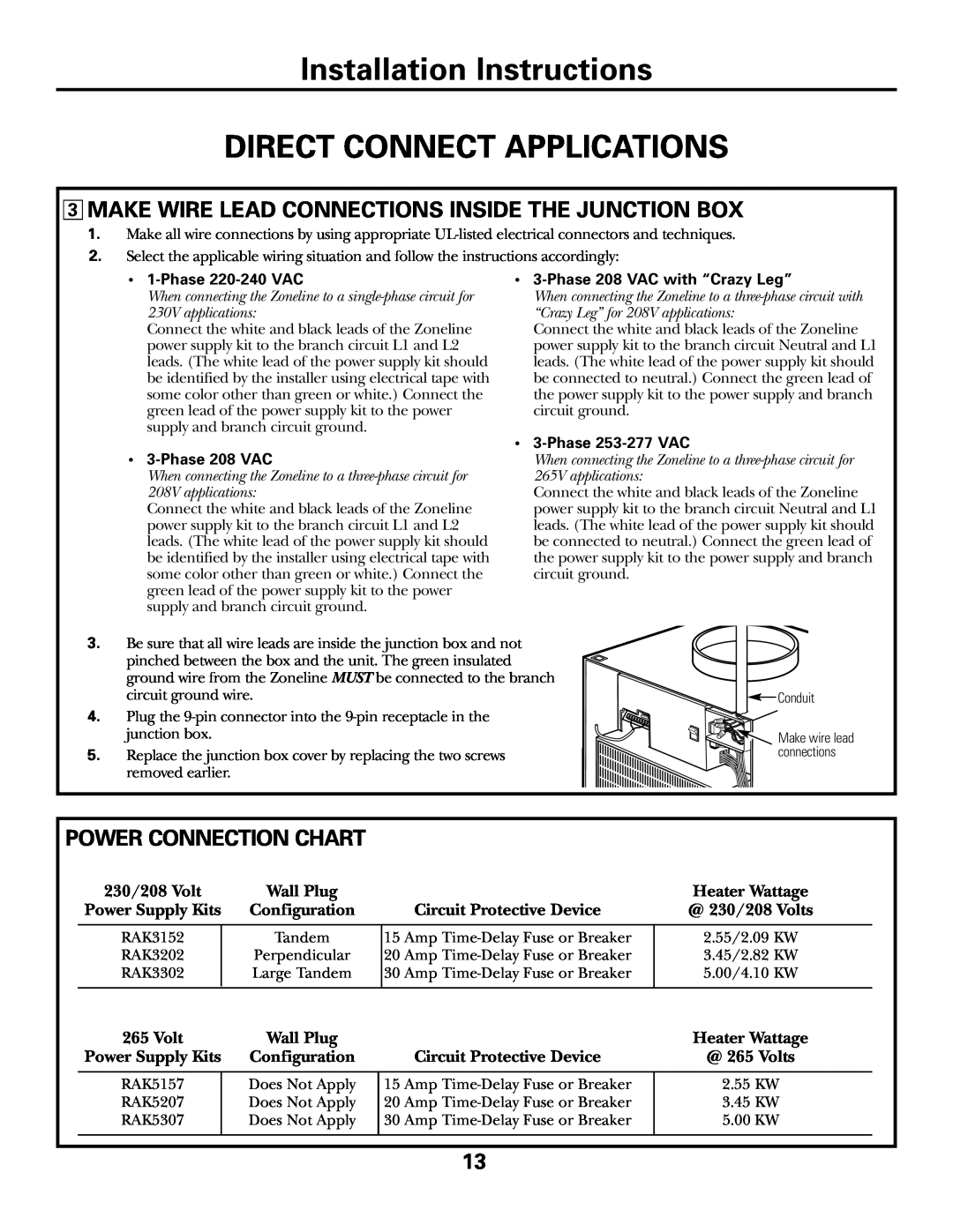 GE 49-7419-2 Power Connection Chart, Configuration, Installation Instructions, Direct Connect Applications, Volt 