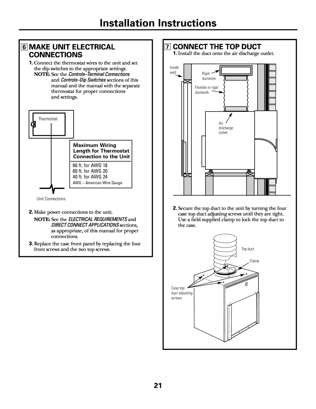 GE 49-7419-2 7CONNECT THE TOP DUCT, 6MAKE UNIT ELECTRICAL CONNECTIONS, Installation Instructions, Connection to the Unit 