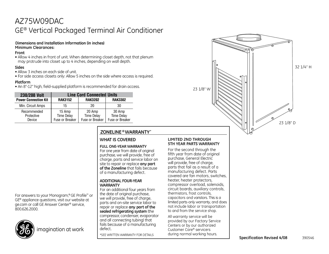 GE AZ75W09DAC warranty Minimum Clearances Front, Sides, Platform, 230/208 Volt, Sealed refrigerating system 