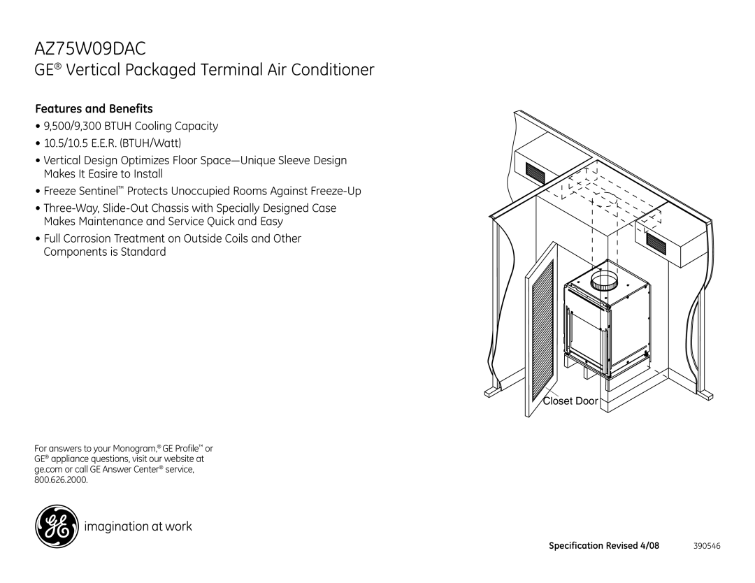 GE AZ75W09DAC warranty GE Vertical Packaged Terminal Air Conditioner 