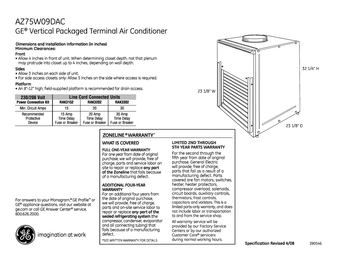 GE AZ75W09DAC warranty GE Vertical Packaged Terminal Air Conditioner, Zoneline Warranty, What Is Covered 