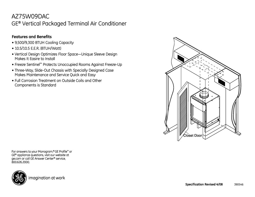 GE AZ75W09DAC warranty GE Vertical Packaged Terminal Air Conditioner, Features and Benefits 