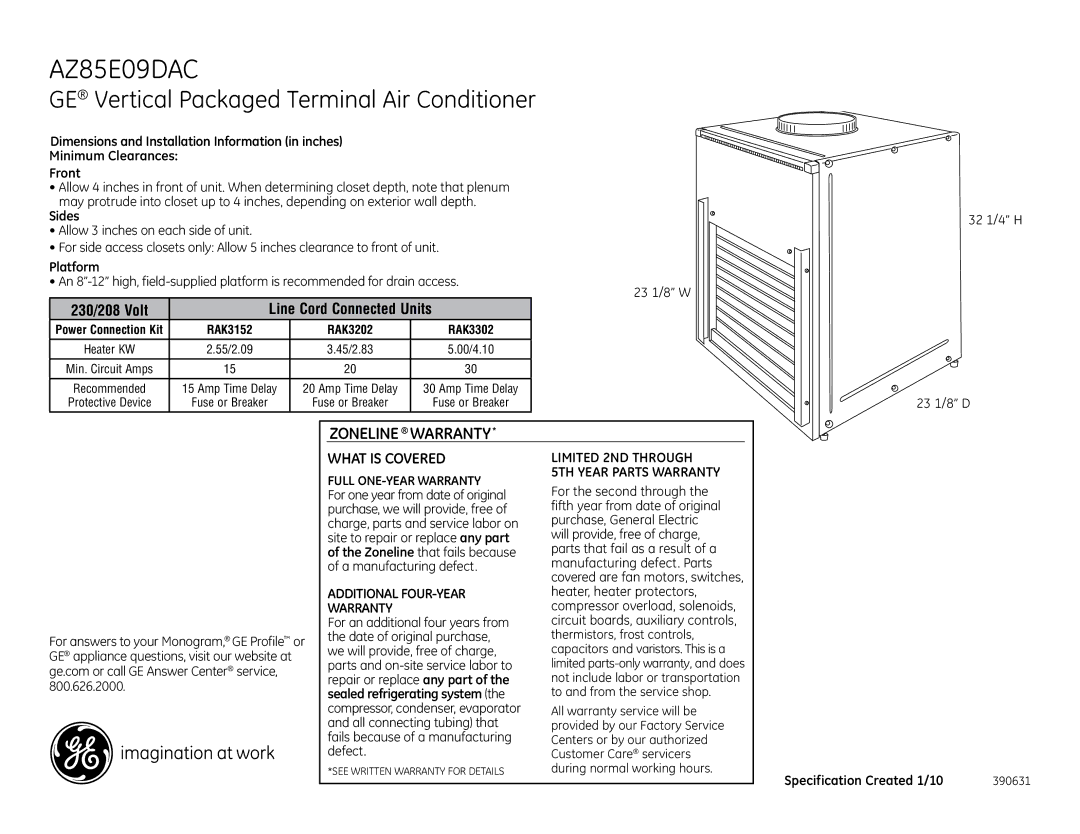 GE AZ85E09DAC warranty Dimensions and Installation Information in inches, Front, Sides, Platform, 230/208 Volt 